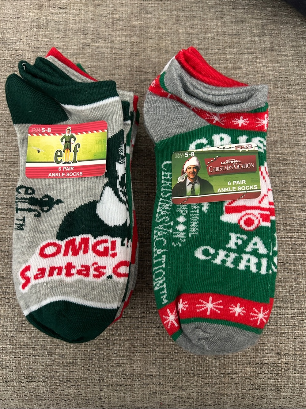 12 pair “nwt” Ankle Socks “Elf” & “Christmas Vacation” SZ 5-8